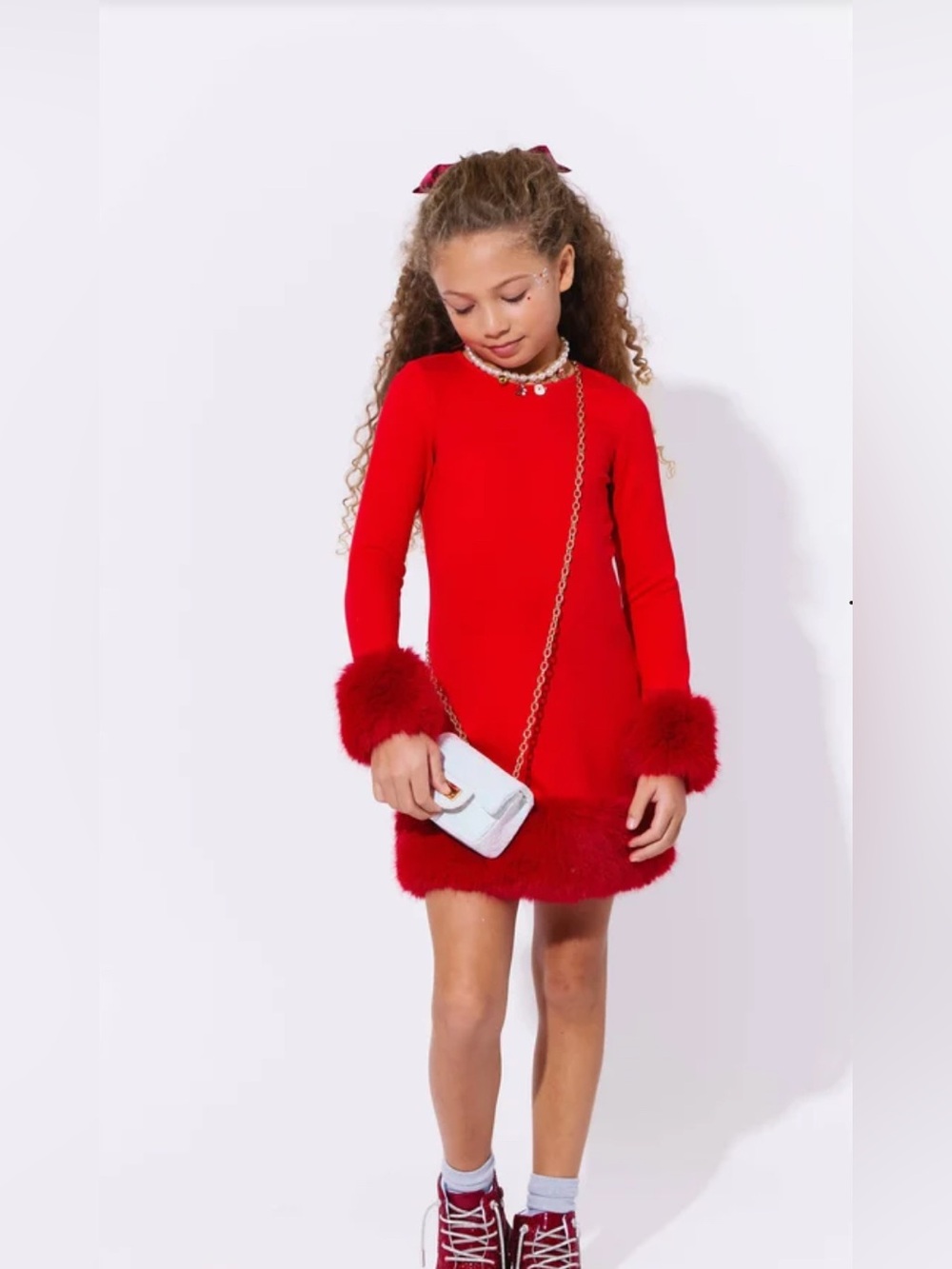 Lola + the Boys Girls Festive Faux Fur Trim Red Holly Dress Size 4 Years